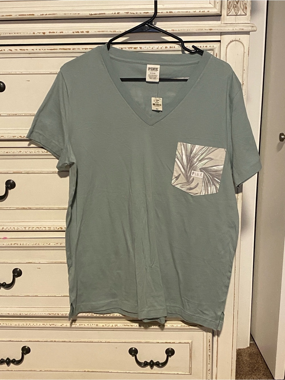 PINK Victoria's Secret Sage Green V-Neck Pocket Tee with Printed Pocket